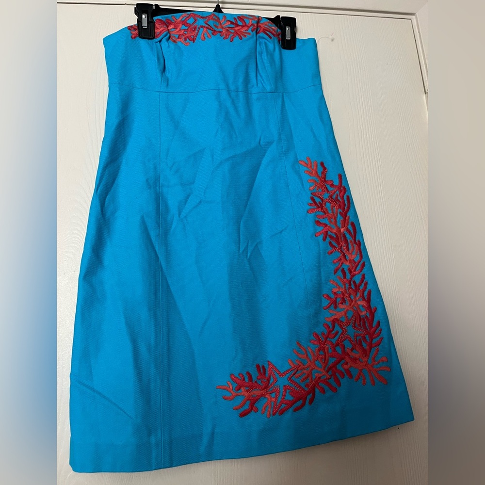 Lilly Pulitzer Strapless Dress in Blue with Red Coral Design